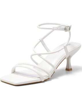 Women's Kitten Heels Sandals Square Open Toe White Low Heel 2.56 Inch Shoes